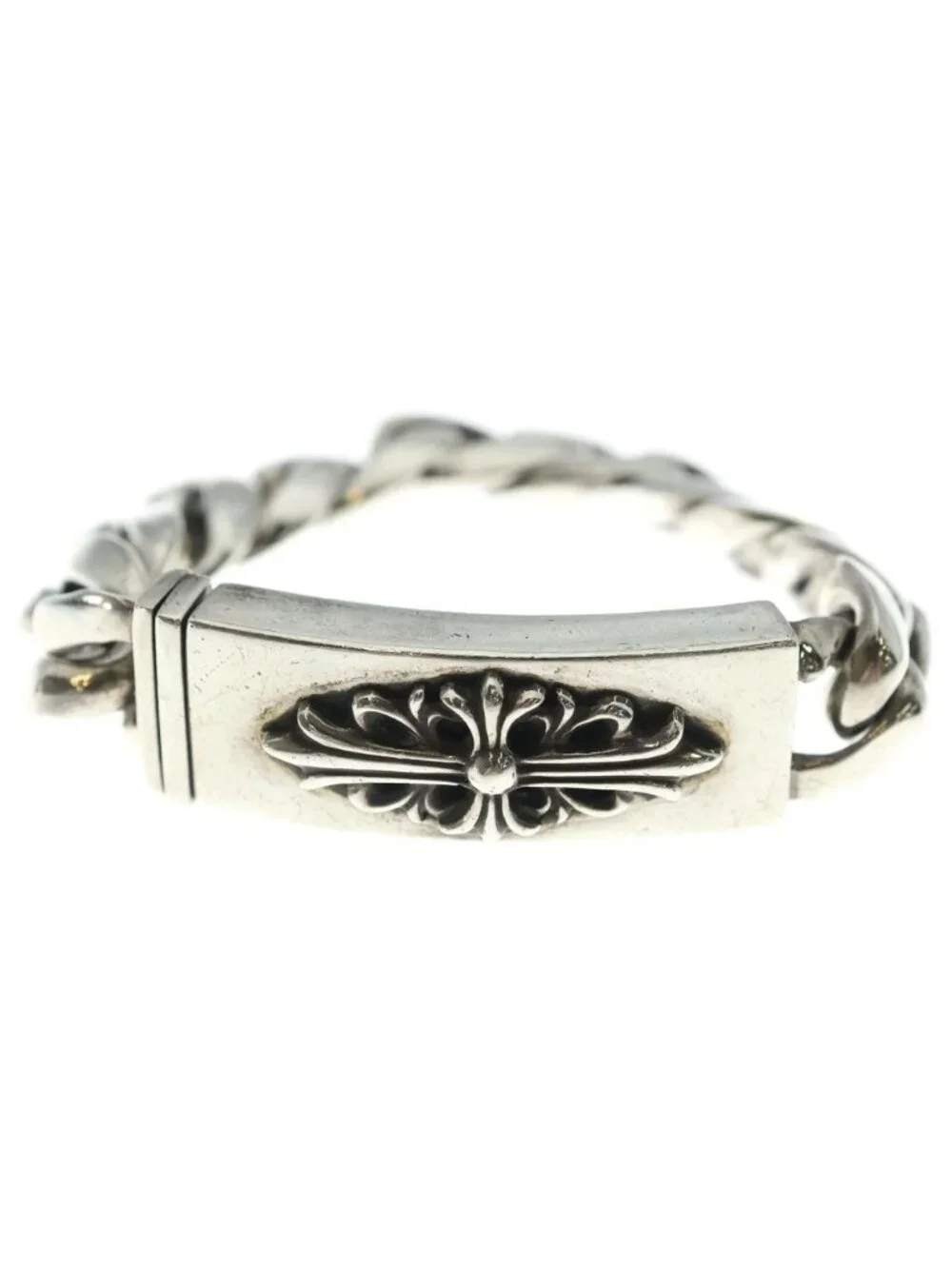 Chrome Hearts ID Floral Crs Cross ID Classic Link Bracelet Silver